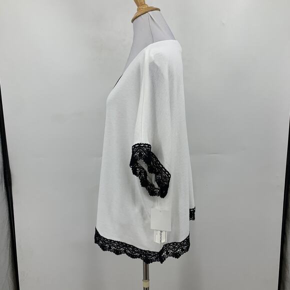 Alfred Dunner Blouse Womens L Large White Black Attached Necklace Lace Trim - Picture 4 of 13